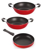 Nirlon Aluminium Red, Black Standard Non-Stick Deep Frying Pan And Kadai Combo Set - Nirlon_2.6Mm_Fp11_Kd11_Kd12_Red (Pack Of 3)