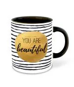 Whats Your Kick You are Beautiful Golden Design Printed Black Ceramic Coffee Mug and Tea Mug 325 ML
