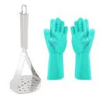 BLUE WONDER Stainless Steel Big Potato Masher With Bartan Washing Rubber Silicon Gloves and Multicolour, Pack of 2