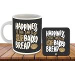 Whats Your Kick Baking Theme Happiness is Smell of Fresh baked Bread Design Printed White Ceramic Coffee Mug with Desky and Tea Mug 325 ML