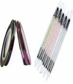 Looks United 5 pieces 2 Way Silicone Head Acrylic Handle Nails Brush Carving Dotting Painting Pen With 10 Nail Art Striping Tape Rolls (Pack Of 15)
