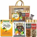 Swad Happy House Warming Gift Hamper Set (Mixed Toffee & Rosted Saunf & Anardana Pachak Mukhwas Mouthfreshener, 25 Candy & 2 bottle) with Greeting Card & Jute Bag,Gift Item
