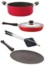 Nirlon 4 pcs of Red, Black 3 Layer Non-stick Aluminium Coated Odour Free Kitchen Cookware Combo Set with Bakelite Handle Standard