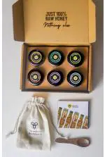 The Indian Beekeepers 100% Raw Honey Assorted Sample Taster Box Pack | Organic Lab Tested | 100% Pure | Natural | Unprocessed | Wild Bees | Sugar Free | No Adulteration and Unheated | With free Wooden Spoon & Cloth Bag | 6 small jars of 35gm each