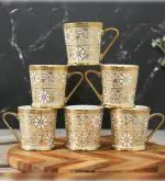Femora Golden Mirror Flowers Gold Tea Mugs, Ceramic Tea Cups, Coffee Mugs (180 ml, Golden) - 6 Pcs Set (NOT Microwave Safe)