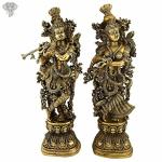 Kalakrithi Religious Brass Shining Standing Radha Krishna Statue with Flute 45.7 x 43.2 cm