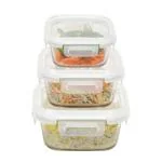 Cutting EDGE Square Store Fresh n Lock Set of 3 Container Box (350ml + 550ml + 800ml) Borosilicate, Safe Storage Glass Container, Clear (Transparent Lid, Mix)