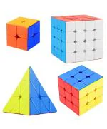 CrackaDeal Plastic Cube Combo Set of 2X2 3X3 4X4 Pyraminx High Speed Stickerless Magic Cube Puzzle, Multicolor (Pack of 4)