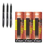 Pilot Frixion Clicker Erasable Roller Ball Pen and Refills | Tip Size - 0.7 MM | Retractable Pen With Dimpled Grip and In-built Eraser | Ink Colour - Black - 3 Pens and 9 Refills | Pack of 12