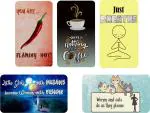 AVI Multicolor Rectangle Fridge Magnet With Funny Cat, Coffee And Girl Quotes (Pack of 5)