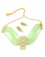 Bella Store Women Light Green Beads Handmade Golden Meenakari Kundan Necklace Set