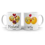 Cheeksy Husband &Amp; Wife With Emoji Design Printed 300 Ml Set Of 2 Stylish Coffee Tea Mug For Couples,Husband-Wife,Girlfriend-Boyfriend,Anniversary,Wedding And Valentine Gift,Under 400