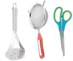 Urban Buy Steel And Rubber Potato Vegetables Pav Bhaji Masher, Soup Strainer And Scissor Combo Set Kitchen Tool Set 3 Pc