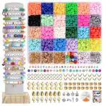 SANNIDHI Clay Beads For Jewellery Making 3950Pcs 24 Colors Clay Beads Bracelet Kit, Polymer Flat Beads Letter Spacer Beads With Charms Elastic Strings Diy Craft Gift For Girls, Beige