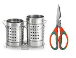 BLUE WONDER Stainless Steel Twin Cutlery Holder Racks With Multipurpose Heavy Scissor Stainless Steel Kitchen Scissor and (Multicolour, Pack of 2)