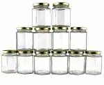 Jay Gatrad Seller Airtight hexagon shape Glass Jar with golden Lid for kitchen Storage 250 ml Pack of 12