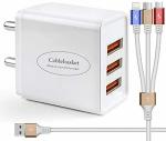 Cablebasket Fast Charging 3 Port Usb 3.1 Ampere Charger Adapter With 3In1 Cable For Micro-Usb, Type-C, Ios, Smartphones Like Samsung Redmi Note 5 Pro 7 Pro Cellular Phones & All Bluetooth Devices