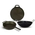 The Indus Valley Pre-Seasoned Cast Iron Cookware Set | Tawa (30 cm) + Fry Pan (25.4 cm) + Iron Kadai (24.5 cm) | Pack of 3 | Pre-Seasoned Cookware, 100% Pure & Toxin-Free, No Chemical Coating