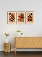 999Store Brown Canvas Golden Frame Botanical Leaf Art Wall Painting Set of 3(Bo3Frames081)
