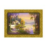 SHASWAT ART Beautiful House on a Lake View Nature Scenery Painting Sparkle Coated Self Adhesive Wallpaper Without Frame Digital Reprint 16 inch x 22 inch Painting