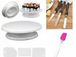DEEZ Cake Decorating Turntable Stand, 28 cm, Plastic, White with Palette Knife Set and Silicon Brush,Scrapper Set (Baking Combo) (6)
