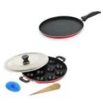 SKYTECH Dosa tawa and 12 Cavities Non Stick Appam maker with Lid and Side Handle/ kulipaniyaram pan nonstick/ appe/ aapee ka sacha/ panniyaram kadai/{ Pack of 2}