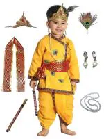 Kaku Fancy Dresses Cotton Krishna Costume For Kids|Baby Krishna Dress For Janmashtami/Kanha/Krishnaleela/Infant Krishna Fancy Dress Costume For Baby Boys/Girls - Yellow (6-12 Months)