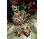 Gyaan Jewels Handmade Gold Plated Alloy Necklace, Earring and Maang Tikka Set Maroon (Women, Girls) Free Size