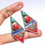 SHREE HANUMAN ENTERPRISES Coral, Turquiosecoral, Turquiose Silver Handmade Tibetan Jewelry Earring 3.08