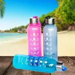 FITBOTT Sports Water Bottle Combo with Motivational Time Marker - (Black, Blue & Pink, 1 Litre)