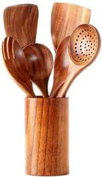 Craftland Wooden Spoons for Cooking Non-Stick Pan Kitchen ToolWooden Barrel (Set of 6 with Holder)