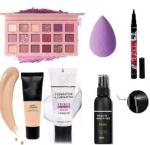 Brown Blush nude eyeshadow, 36hr eyeliner and makeup fixer, foundation, primer with puff