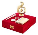 International Gift Gold Brass Blue Pen, Business Card Holder, Keyring And Peacock Shape Hanuman Ji Idol Car Dashboard