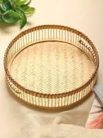Habere India-All the Cultures Fabricating India Store Beige Round Bamboo Basket with Side Handle, Small (25 x 4 cm)