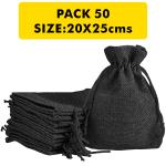 LifeKrafts Black Color Jute Pouches for Gifting 20 cm x 25 cm (Pack of 50)