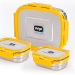 VEIGO Stainless Steel Lunch box - 3 Yellow Containers (1 Lunch Box Set (630ml + 180ml +180ml + Insulated Lunch Bag)) | Air Tight and Leakage Proof Tiffin box | Lunch box for Office (990ml,Thermoware)