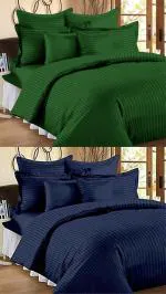 N G Products Combo Pack of 2 Cotton Satin Stripes Plain Bedsheets for Double Bed with 4 Pillow Covers for Home, Hotels Rooms, Guest House (Color- Green & Blue)