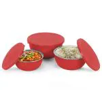 J9 RED Stainless Steel Microwave Serve and Store Set 600 ml, 800 ml & 1300 ml (Set of 3)
