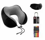 Inditradition 4 in 1 Combo Travel Accessory Kit - Neck Pillow + Eye Mask + TSA Lock + Luggage Strap | Memory Form, for Both Men & Women (Multicolor)
