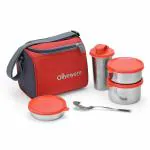 SOPL-OLIVEWARE Milano Insulated Fabric Bag Leak Proof Full Meal & Easy to Carry Lunch Box, 3 Stainless Steel Containers and Sipper with Steel Spoon for School, College & Office (Red)