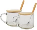 Cracker Transparent Glass,Steel And Wooden Dessert Fruit Ice Cream Mug Set With Lid And Spoon 380ml (Pack Of 2)