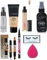DAIMANPU Primer, Foundation, Fixer, Concealer, Beauty Blender, Eyeliner, 3D Contour, Eye Lashes Combo (8 Items in the set)