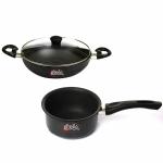 Skala Cookware Combo Pack of Hard Anodised [Non-Induction] Kadai 24cm with Glass Lid | Sauce Pan 14cm