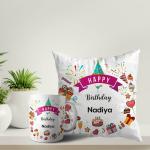 ASHVAH White Round Happy Birthday Nadiya Ceramic Coffee Mug and Cushion with Filler Combo Gift (Pack of 2) AS-D3COMBO-Nadiya-W