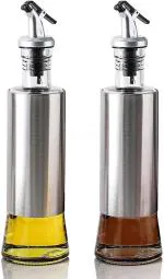 P-Plus International Stainless Steel Olive Oil Dispenser Bottle, Glass Cooking Oil & Vinegar Cruet 500ml Pack of 2