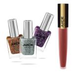 JUICE NAIL PAINT PURPLE DIVA S18 HOT SILVER S26 SILVERISH GOLD S28 and LIPTINT MADLY MAROON M 43 WATERPROOF and LONG LASTING COMBO OF 4