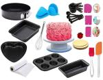 Xacton Heart, Round Plastic Cake Making Tools - Cake Turntable with 3 Piece Fondant, 3 Piece Cake Mould, Bread Mould, 6 Slot Muffin Tray, Measuring Cup, Spatula, Brush, Gloves, Whisker, Cake Base