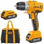 INGCO Lithium-Ion cordless drill machine with 2 Pieces12v Battery and 1 Charger, Mechanical 2-speed gear, Integrated work light LED