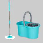 RUBBY Industries Plastic Bucket Quick Spin Mop with 1 Microfiber Wet Dry Mophead Floor Cleaning pocha Extendable Handle Removable Wringer 360 Floor Cleaner Mopping Set (Teal)