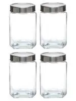 Machak Clear Glass Cubical Kitchen Storage Glass Jar (Set Of 4)